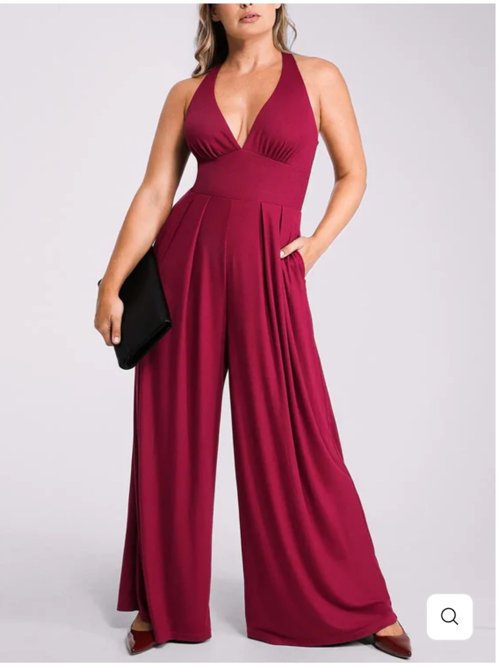 Women's Deep V Wide-Leg Jumpsuit - Burgundy built in Shapewear